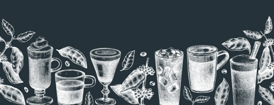 Hand-sketched coffee banner design. Vector sketches of  mugs with aromatic caffeine drinks templates. With botanical coffee plants, leaves and beans in vintage style. Vector beverages background